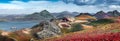 Panoramic landscape view of colorful rainbow volcanic Landmannalaugar mountains, volcanoes, lava fields, crater, water streams and