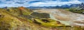 Panoramic landscape view of colorful rainbow volcanic Landmannalaugar mountains, volcanoes, lava fields, crater, water streams and