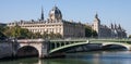 Panoramic landscape view of the Conciergerie French Revolution Prison, Tribunal de Commerce Commercial Court and Notre Dame Royalty Free Stock Photo