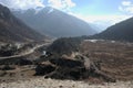 Panoramic landscape view of a dried river bed in the great himalayas mountains range on a hazy winter day in North Sikkim, Sikkim