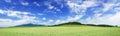 Panoramic landscape, view of green fields and blue sky Royalty Free Stock Photo