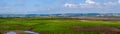 Panoramic landscape view of low tide at Horsey Island, Braunton Marsh, Devon, UK.