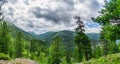 Panoramic landscape view on mountain range with coniferous forest in wild taiga Royalty Free Stock Photo