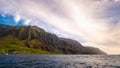 Panoramic landscape view of Na Pali coastline before sunset, Kauai