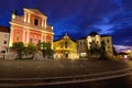 Panoramic landscape view of Preseren Square. Illuminated medieval buildings Royalty Free Stock Photo