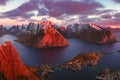 Panoramic landscape, winter mountains and fjord reflection in water. Norway, the Lofoten Islands. Royalty Free Stock Photo