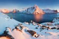 Panoramic landscape, winter mountains and fjord reflection in water. Norway, the Lofoten Islands. Royalty Free Stock Photo