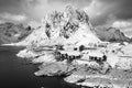 Panoramic landscape, winter mountains and fjord reflection in water. Norway, the Lofoten Islands. Colorful winter sunset. Royalty Free Stock Photo