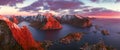 Panoramic landscape, winter mountains and fjord reflection in water. Norway, the Lofoten Islands. Royalty Free Stock Photo