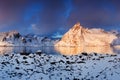 Panoramic landscape, winter mountains and fjord reflection in water. Norway, the Lofoten Islands. Royalty Free Stock Photo