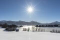 Panoramic landscape in winter wirh mountain range Royalty Free Stock Photo