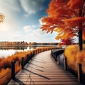 Panoramic Landscape with Wooden Path as a Fall Nature Background Royalty Free Stock Photo