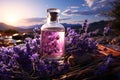 Panoramic lavender view, flacons of essential oils enhance the healing ambiance, aromatherapy haven