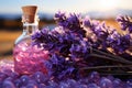 Panoramic lavender view, flacons of essential oils enhance the healing ambiance, aromatherapy haven