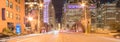 Panoramic light trails and office buildings at North LaSalle Street bridge in downtown Chicago at night