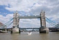 Panoramic of the London Bridge with tourist boat crossing from below this