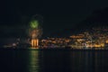 Panoramic lovely view of fireworks on the Principality of Monaco shortly after sunset Royalty Free Stock Photo