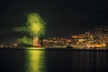 Panoramic lovely view of fireworks on the Principality of Monaco shortly after sunset Royalty Free Stock Photo