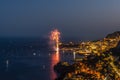 Panoramic lovely view of fireworks on the Principality of Monaco shortly after sunset Royalty Free Stock Photo