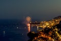 Panoramic lovely view of fireworks on the Principality of Monaco shortly after sunset Royalty Free Stock Photo