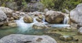 Panoramic lower view of stony waterfall