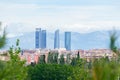 Panoramic of a Madrid skyline from the Parque de la CuÃÂ±a Verde de O`Donnell, in Madrid. Views of the 5 towers, the Kio towers