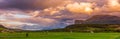 Panoramic meadow hill rural panorama land sunlight scenic sunrise sun horizontal dawn evening pasture springtime scenery clouds
