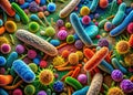 Panoramic Microscopic View of an X Chromosome Amidst Bacillus Bacteria and Cellular Genetic Material Royalty Free Stock Photo
