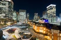 Panoramic modern city skyline bird eye aerial night view with tokyo station under dramatic glow and beautiful dark blue sky in To Royalty Free Stock Photo