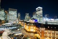 Panoramic modern city skyline bird eye aerial night view with tokyo station under dramatic glow and beautiful dark blue sky in To Royalty Free Stock Photo