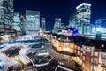 Panoramic modern city skyline bird eye aerial night view with tokyo station under dramatic glow and beautiful dark blue sky in To Royalty Free Stock Photo
