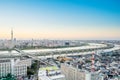 Panoramic modern city skyline bird eye aerial view with skytree under dramatic sunset glow in Tokyo, Japan Royalty Free Stock Photo