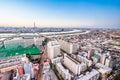 Panoramic modern city skyline bird eye aerial view with skytree under dramatic sunset glow in Tokyo, Japan Royalty Free Stock Photo