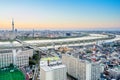 Panoramic modern city skyline bird eye aerial view with tokyo skytree under dramatic sunset glow and beautiful cloudy sky in Tokyo Royalty Free Stock Photo