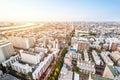 Panoramic modern city skyline bird eye aerial view under dramatic sunset glow and beautiful cloudy sky in Tokyo, Japan Royalty Free Stock Photo