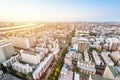 Panoramic modern city skyline bird eye aerial view under dramatic sunset glow and beautiful cloudy sky in Tokyo, Japan Royalty Free Stock Photo