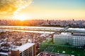 Panoramic modern city skyline bird eye aerial view under dramatic sunset glow in Tokyo, Japan Royalty Free Stock Photo