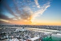 Panoramic modern city skyline bird eye aerial view under dramatic sunset glow in Tokyo, Japan Royalty Free Stock Photo