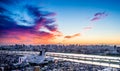 Panoramic modern city skyline bird eye aerial view under dramatic sunset glow in Tokyo, Japan Royalty Free Stock Photo