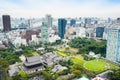 Panoramic modern city skyline bird eye aerial view with zojo-ji temple shrine from tokyo tower under dramatic sunrise and morning