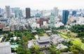 Panoramic modern city skyline bird eye aerial view with zojo-ji temple shrine from tokyo tower under dramatic sunrise and morning Royalty Free Stock Photo