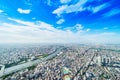 Panoramic modern city urban skyline bird eye aerial view under sun & blue sky in Tokyo, Japan Royalty Free Stock Photo