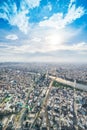 Panoramic modern city urban skyline bird eye aerial view under sun & blue sky in Tokyo, Japan Royalty Free Stock Photo