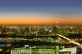 Panoramic modern cityscape building bird eye aerial night view of skytree under neon light and beautiful dark blue sky in Tokyo, J