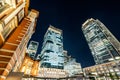 Panoramic modern cityscape building bird eye aerial night view of Tokyo Station under neon light and dark blue sky in Tokyo, Japan