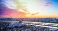 Panoramic modern cityscape building bird eye aerial view with Mount Fuji under sunrise and morning blue bright sky in Tokyo,Japan Royalty Free Stock Photo