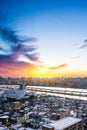 Panoramic modern cityscape building bird eye aerial view with Mount Fuji under sunrise and morning blue bright sky in Tokyo,Japan Royalty Free Stock Photo