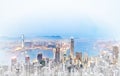 Panoramic modern cityscape building view of Hong Kong mix hand drawn sketch illustration Royalty Free Stock Photo