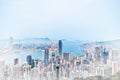 Panoramic modern cityscape building view of Hong Kong mix hand drawn sketch illustration Royalty Free Stock Photo