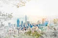 Panoramic modern cityscape building view of Hong Kong mix hand drawn sketch illustration Royalty Free Stock Photo